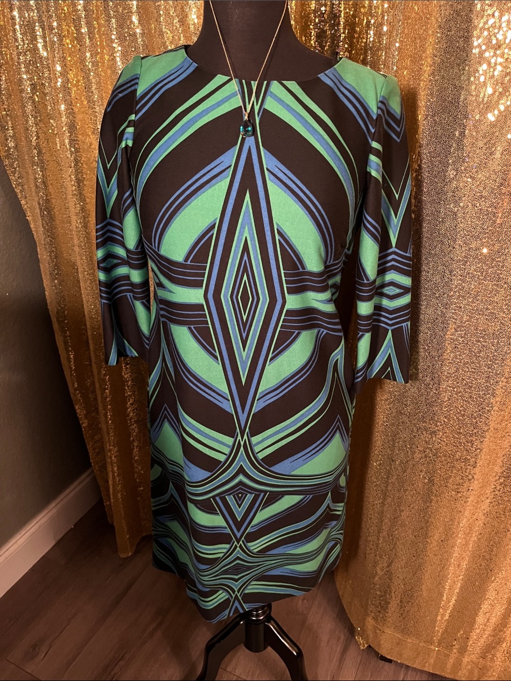 Geometric Print Shift Dress - Green & Blue
